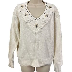 Van Heusen Womens Hand Embroidered Vintage Pointelle Chunky Knit Sweater sz S